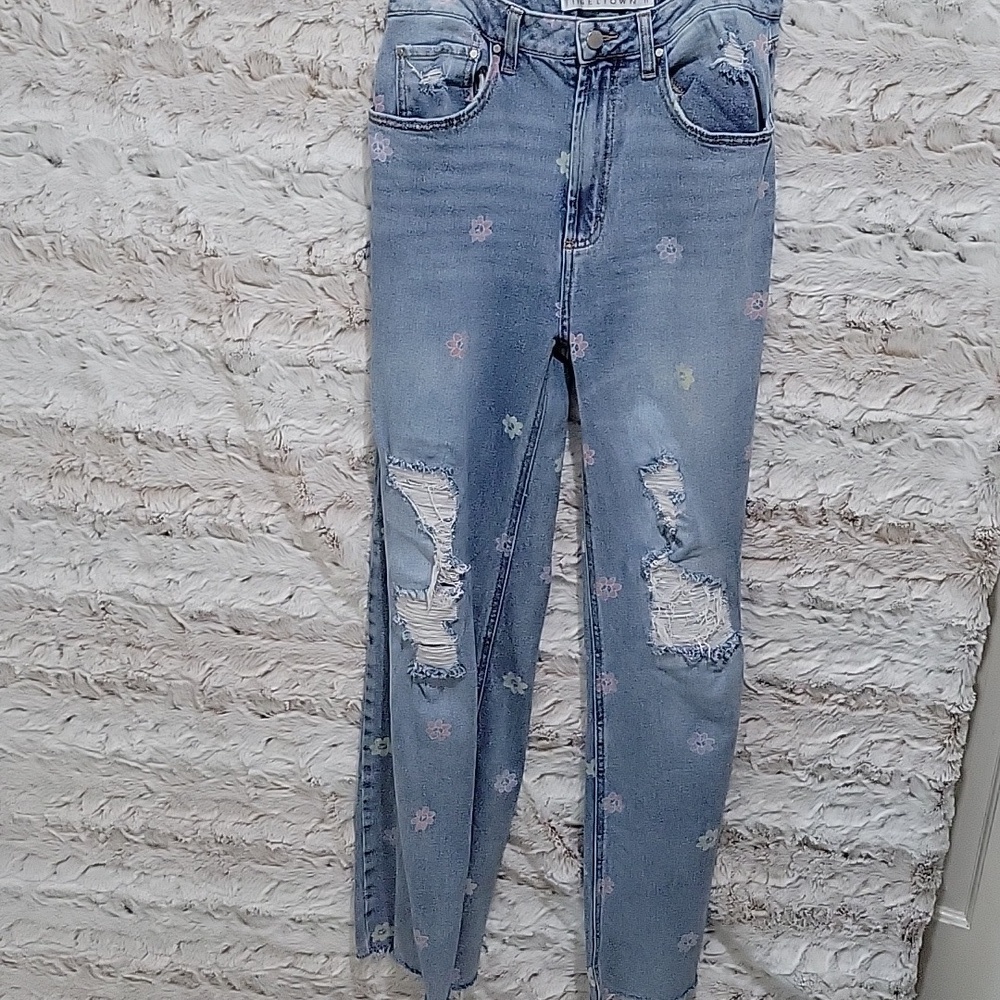 Tinseltown Distressed Wide Leg Jeans, Womans 11 (Sz 30) Floral, Boho, Grunge